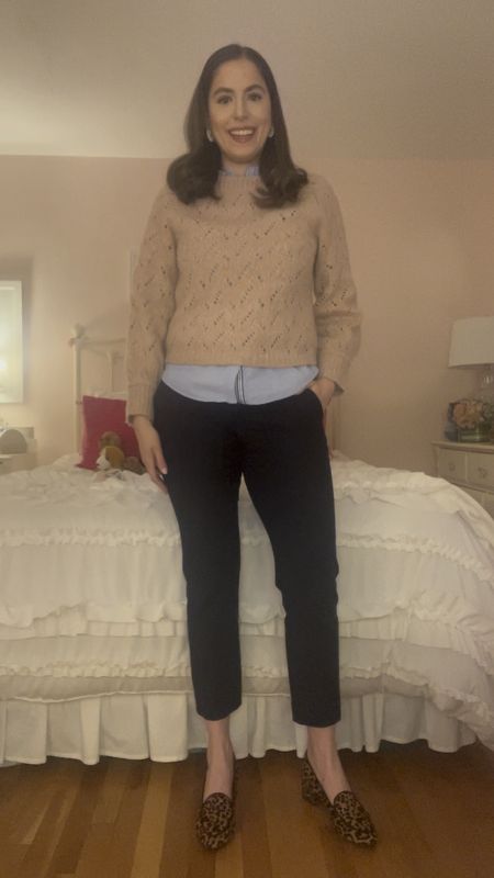 Workwear, spring workwear, winter to spring outfit, pink sweater, blue button down, navy work pants, comfortable work pants, business casual, office style, office outfit, business casual, law firm, attorney, lawyer, leopard loafers, cheetah loafers, spring capsule collection, capsule wardrobe 

#LTKstyletip #LTKVideo #LTKworkwear