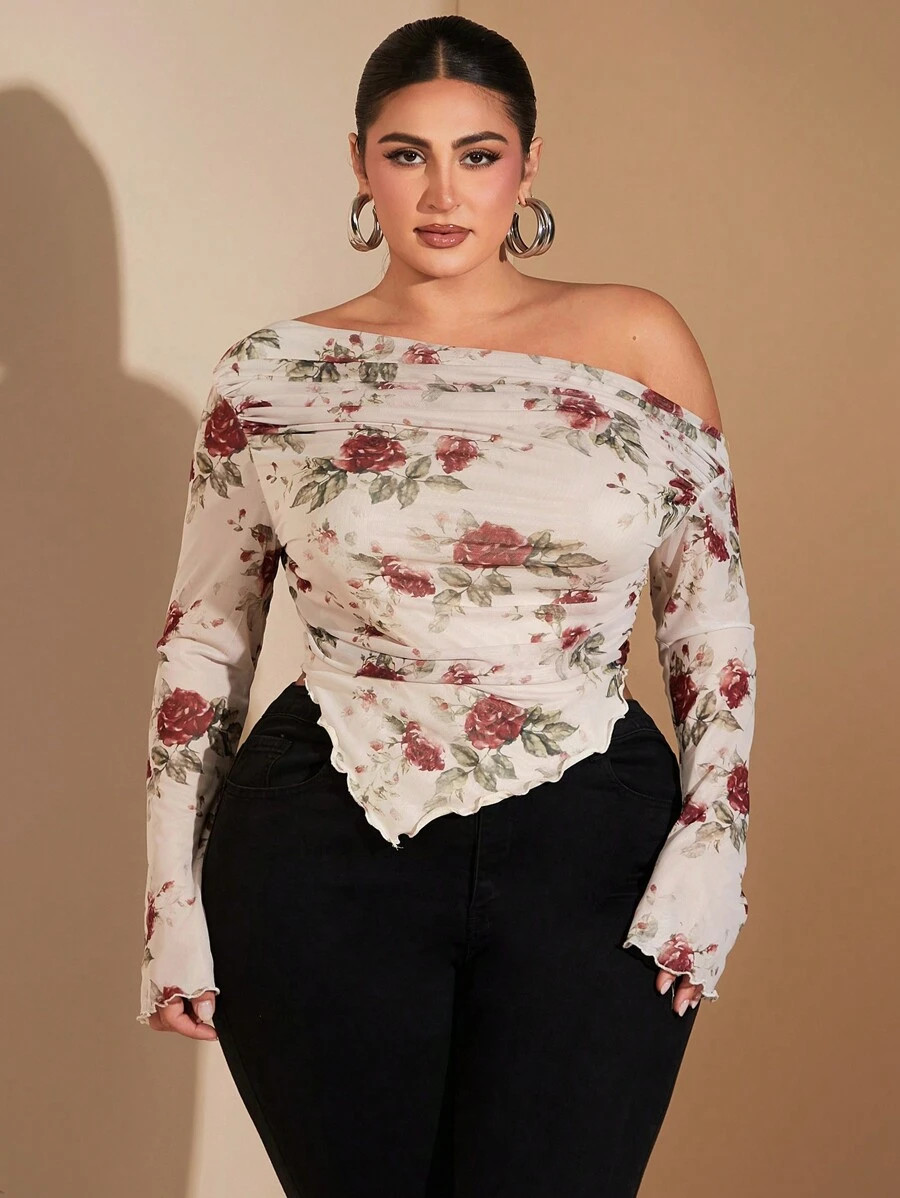 SHEIN BAE Plus Size Women Elegant Evening Birthday Party Retro Romantic Rose Flower Mesh Print As... | SHEIN