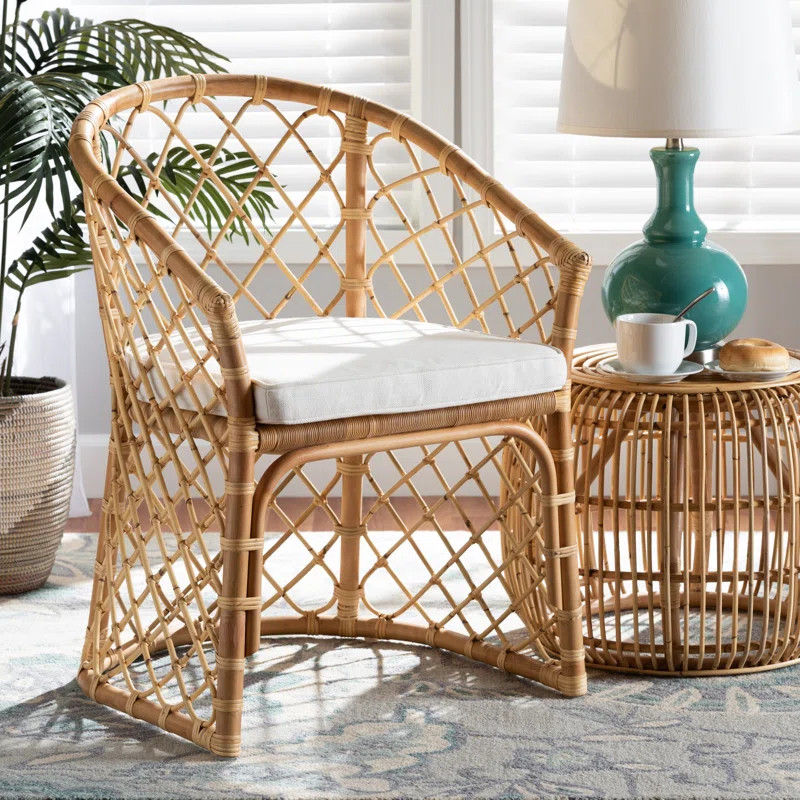 Stotts Modern Bohemian White Fabric Upholstered And Natural Brown Rattan Dining Chair | Wayfair Professional