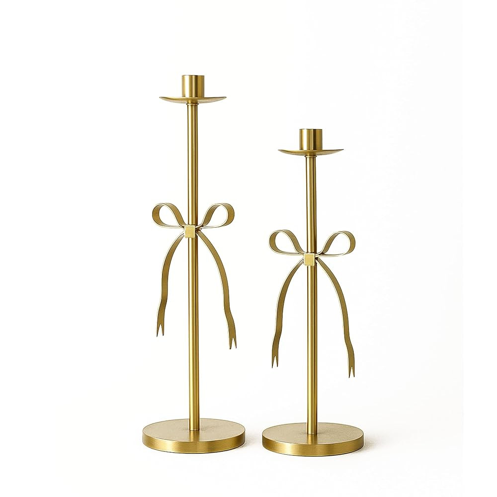 Gold Candle Holders Set of 2 Metal Taper Candle Stands with Bow Design, Modern Decorative Candles... | Amazon (US)