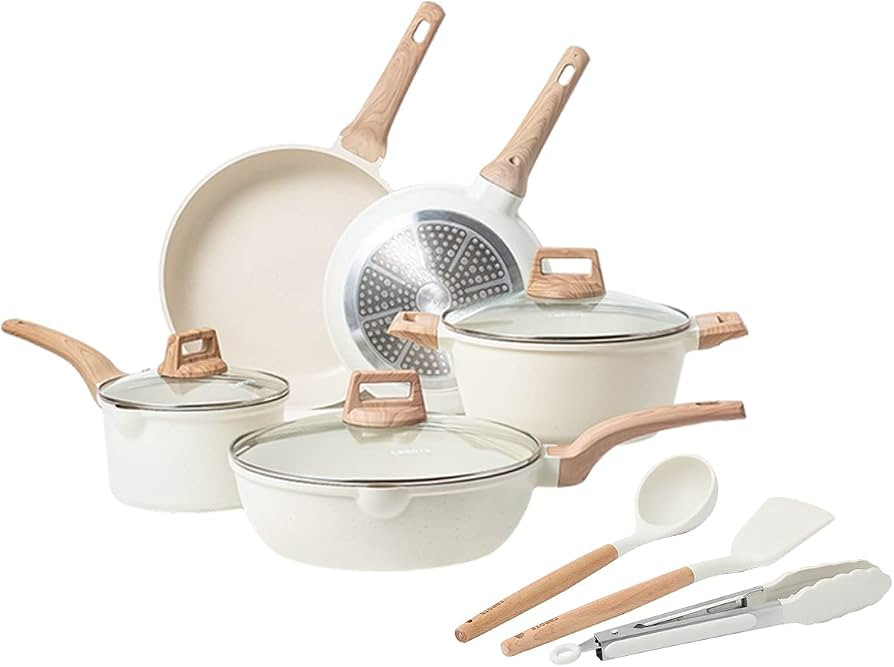 CAROTE Nonstick Pots and Pans Set, White Granite Induction Cookware Sets, 11 Pcs Kitchen Essentia... | Amazon (US)