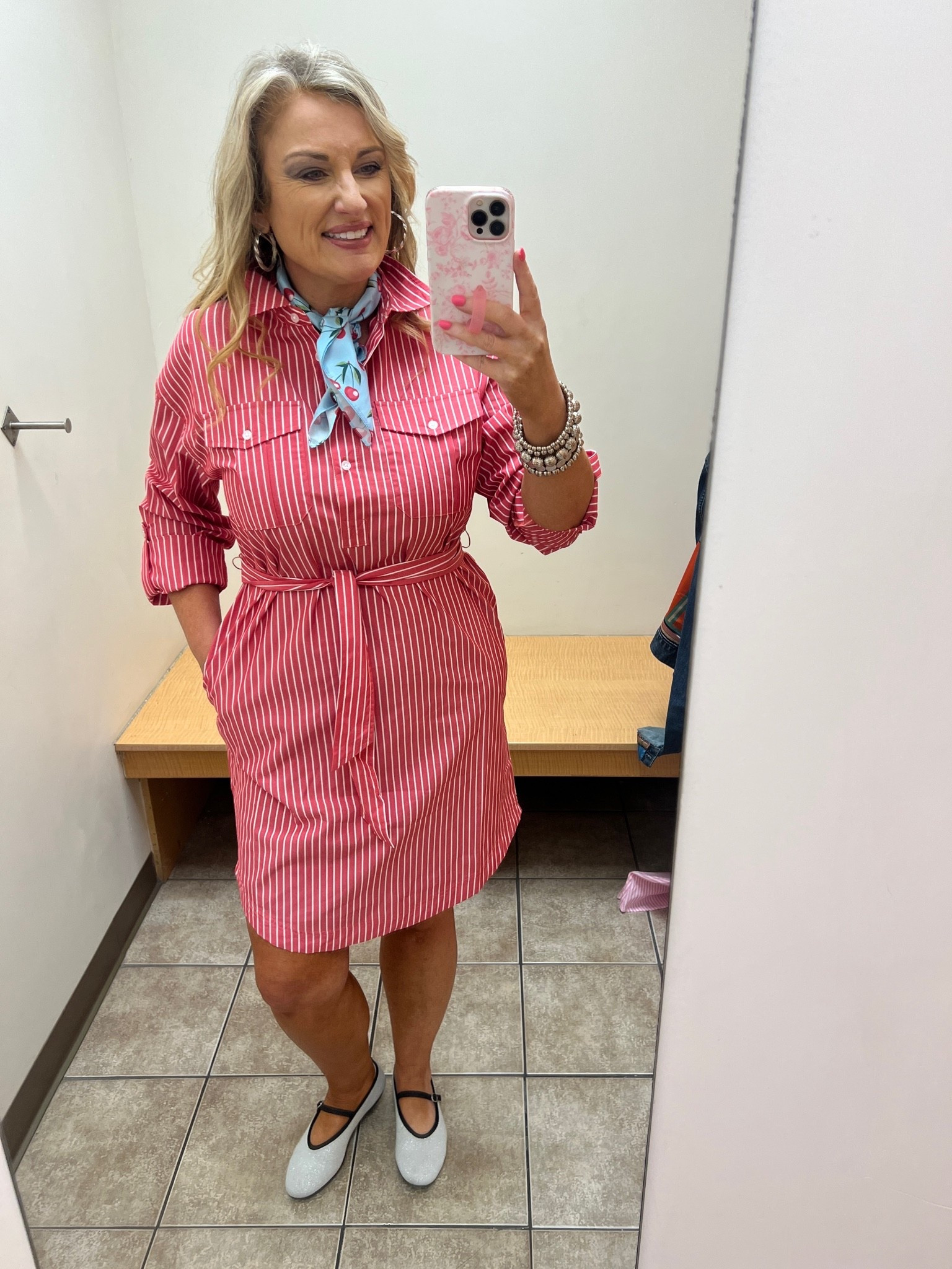 Red and white striped shirt dress. Detachable tie belt.  Pockets. Lightweight. Available in XS-XL.  I’m wearing true size large.

Added this cherry print scarf.

Memorial Day outfit 4th of July outfit 

#LTKOver40 #LTKootd #LTKMidsize