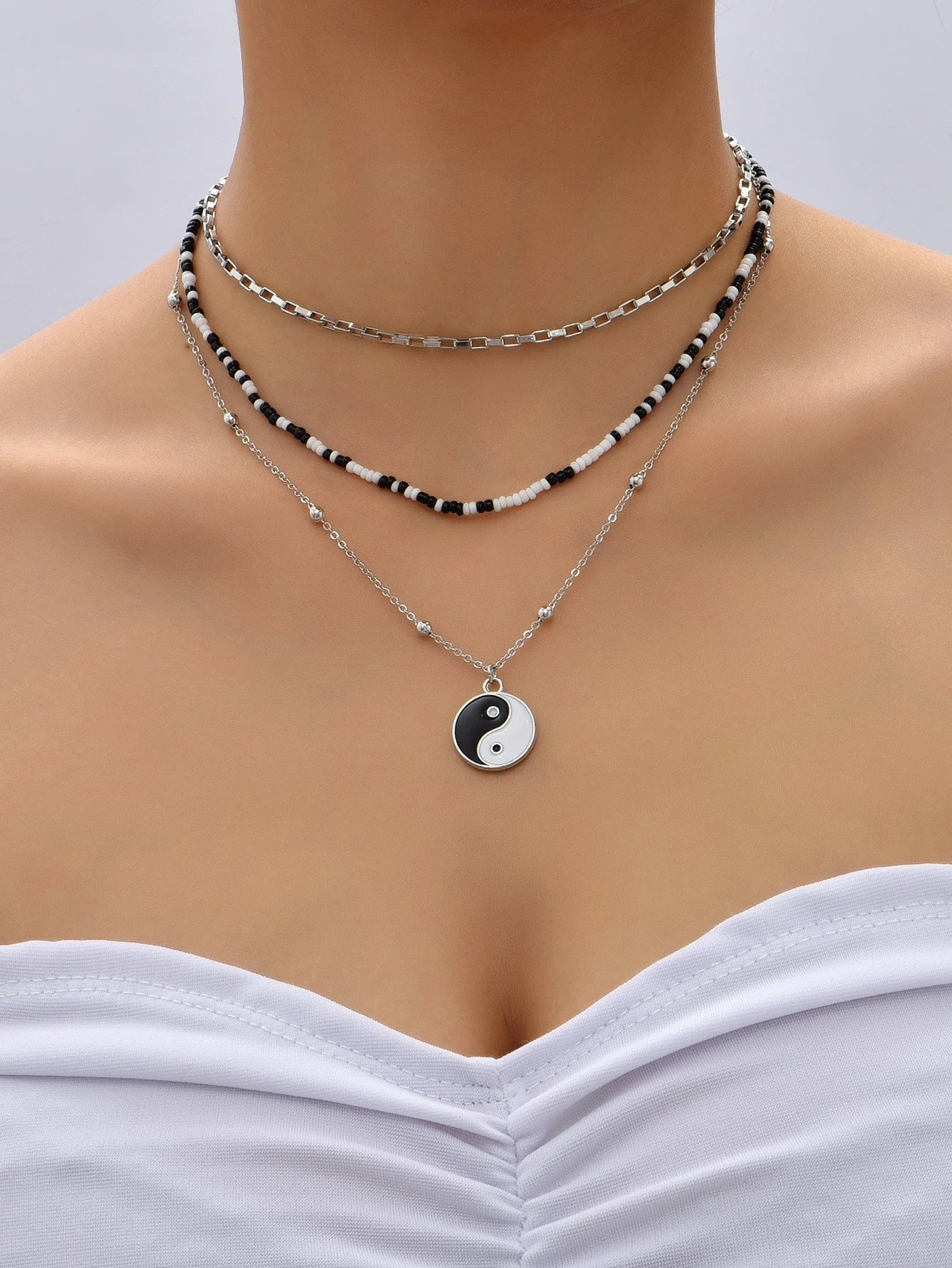 Yin & Yang Charm Beaded Layered Necklace | SHEIN