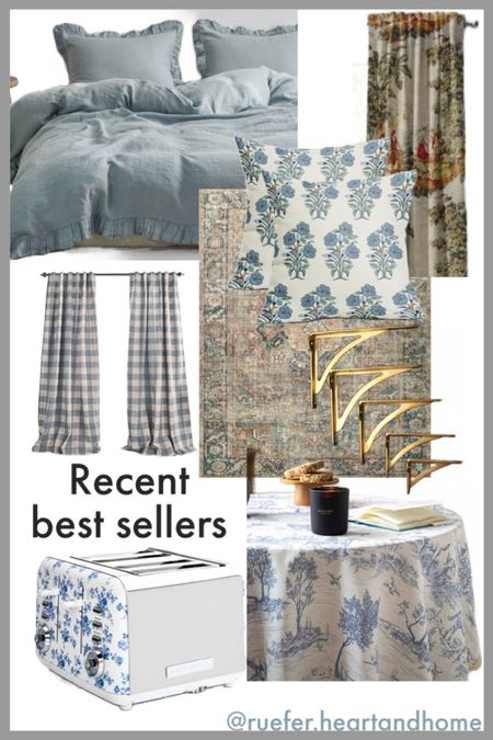 Recent home decor best sellers, ruffled linen duvet cover and pillows, toile curtains, buffalo check drapes, gingham curtain panels, brass shelf bracket, cottagestyle table cloth, Laura Ashley toaster, Loloi rug, pillow covers, cottage style pillows

#LTKsalealert #LTKSeasonal #LTKhome