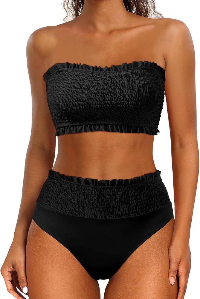 Yonique Women's Bandeau Bikini Set Two Piece Smocked Swimsuits Ruffle Off Shoulder Bathing Suit w... | Amazon (US)