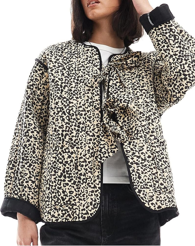 Women's Leopard Quilted Jacket Tie Front Lightweight Puffer Padded Coats with Pockets | Amazon (US)