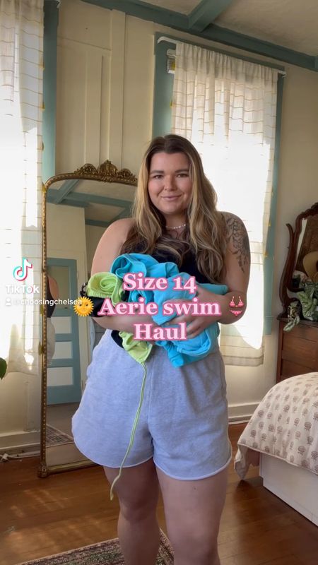 Midsize aerie swim haul for summer 2023 swimwear! High waisted and midrise bikini bottoms with triangle and long line swim tops. Wearing all swim in size XL except the triangle top is a medium (small cup size). Cover up is a size large  

#LTKswim #LTKcurves #LTKsalealert