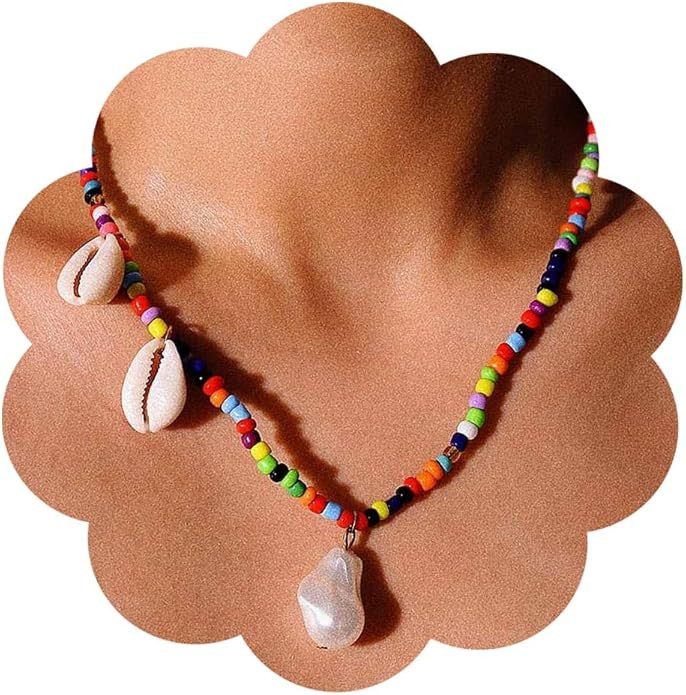 Boho Colorful Necklaces Beaded Choker Necklace Cowrie Shell Pendant Necklaces Pearl Pendant Chain... | Amazon (US)