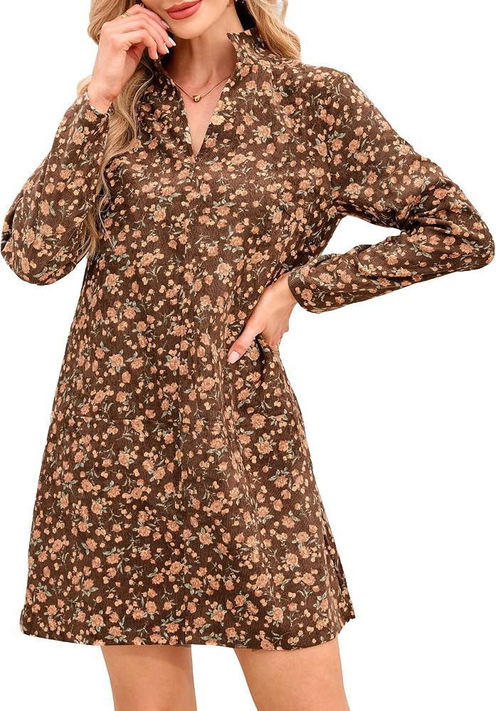 YEXPINE Women Floral Corduroy Dress V-Neck A Line Mini Dress with Pockets | Amazon (US)