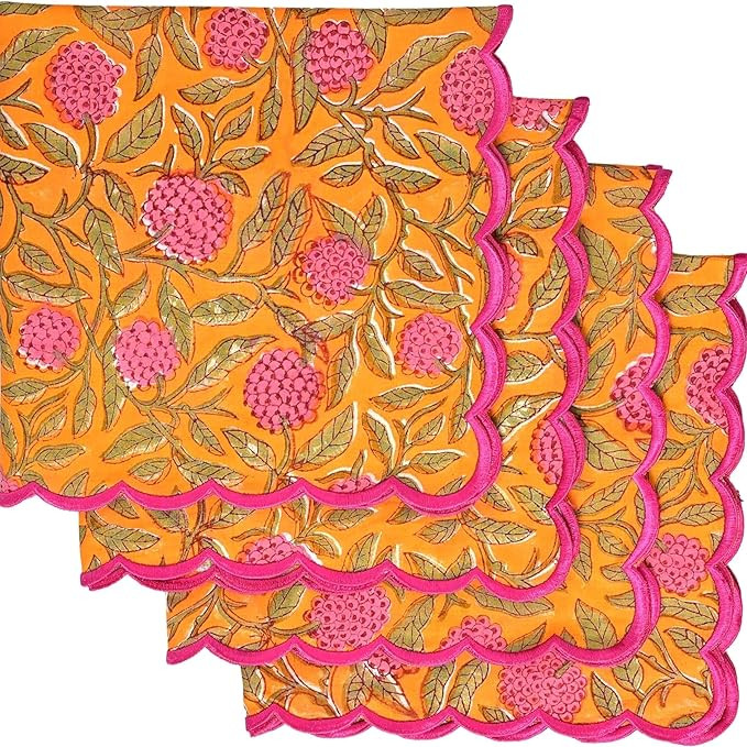Ridhi Hand Block Print Bubblegum Pink 18" x 18" (Set of 4) Embriodery Table Napkins Reusable Cott... | Amazon (US)