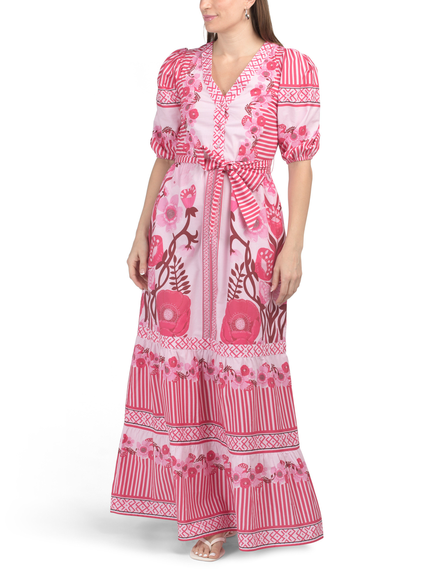 Short Sleeve Floral Striped Maxi Dress With Waist Tie | Casual Dresses  | Marshalls | Marshalls