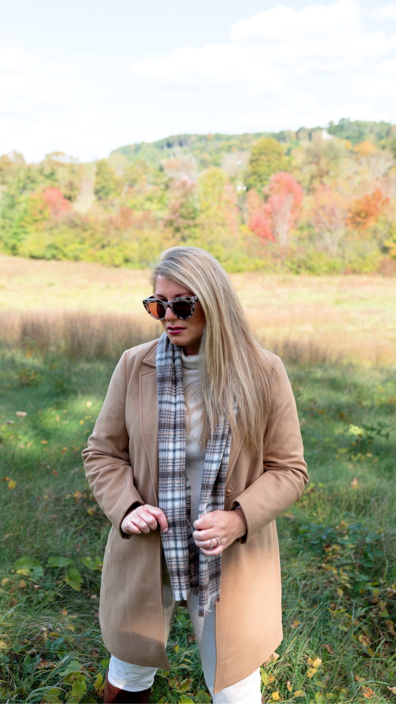 Fall strolls in a wool camel coat, cashmere plaid scarf, cashmere donegal turtleneck sweater, ecru corduroy pants (tall, reg, petite), brown leather knee high boots, fall outfit

#LTKover40 #LTKsalealert #LTKSeasonal