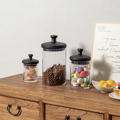 3 Piece Glass Apothecary Jar Canister with Black Lid | Wayfair North America