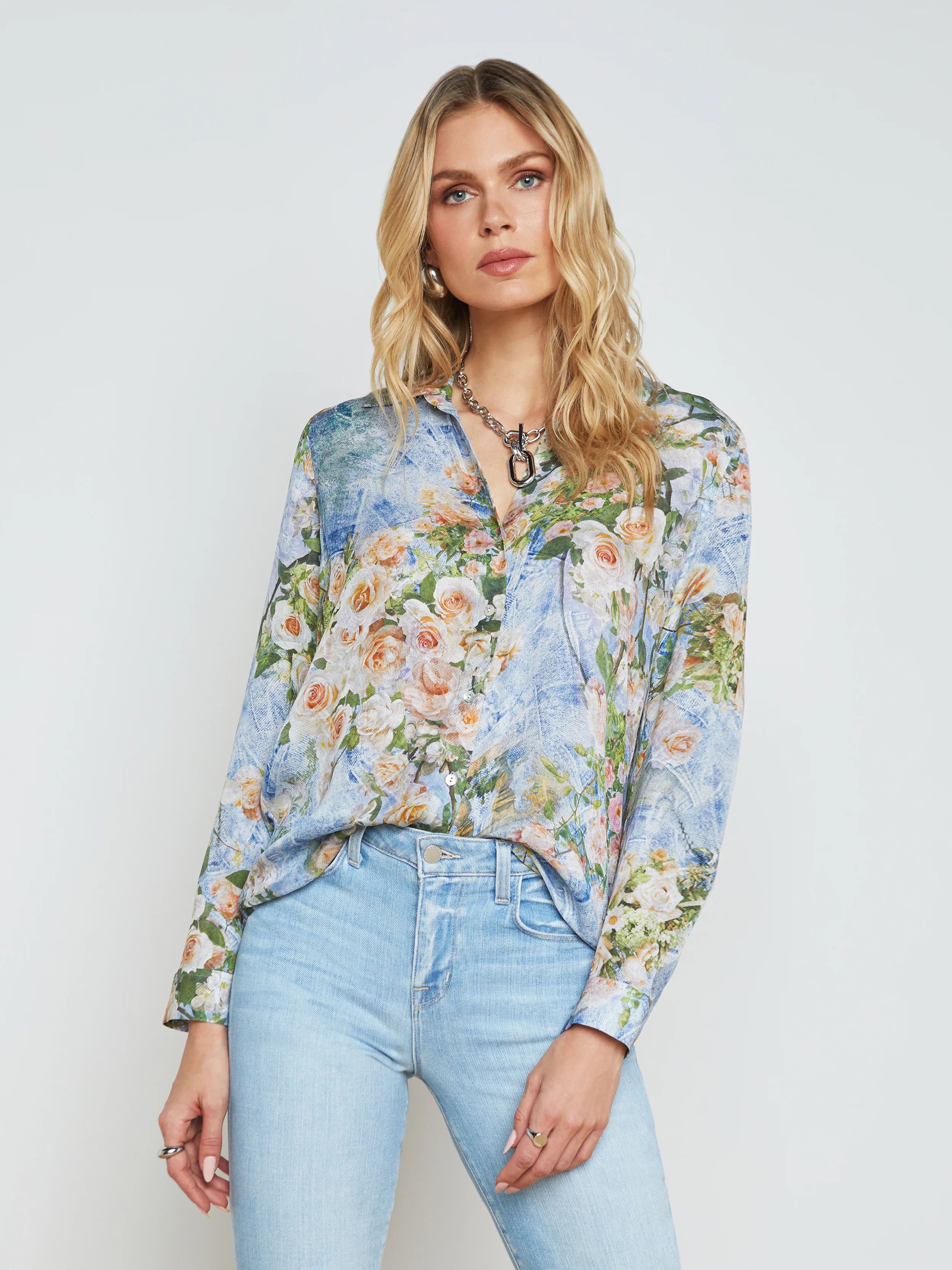 L'AGENCE - Nina Long-Sleeve Silk Blouse in Multi Floral Denim | L'Agence
