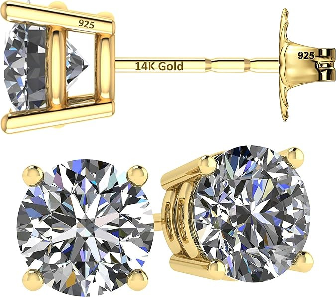 14K Solid Gold Post & Sterling Silver 4 Prong Pure Brilliance Zirconia CZ Stud Earrings 1.00ctw -... | Amazon (US)