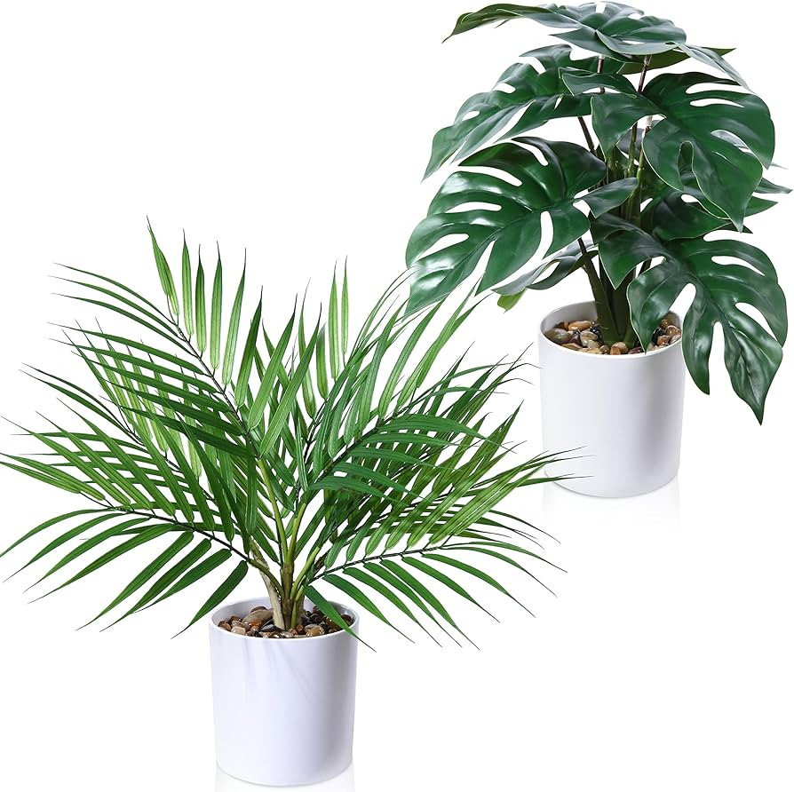 Kazeila 2pcs Artificial Potted Plants,16 in Fake Palm Monstera Plants,Beautiful Faux Plants for B... | Amazon (US)