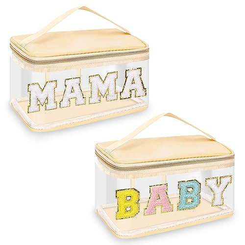 2 Pcs Chenille Letter Clear Makeup Bags Mama Baby Pouch, Preppy Patch Makeup Bag Mama Baby Hospital Duffle Bag Zipper with Handle, Travel Baby Toiletry Bag Nylon Cosmetic Handbag for Women(MAMA+BABY) | Amazon (US)