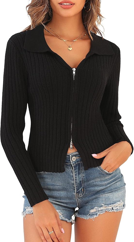 ZAFUL Women's Zip Up Sweater Long Sleeve Polo V Neck Ribbed Knit Slim Cropped Sweater Pullover Jumpe | Amazon (US)