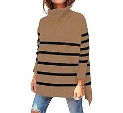 OU MgCE FAST FASHION Women's Turtleneck Oversized Sweaters Long Sleeve Split Hem Striped Knit Pul... | Amazon (CA)