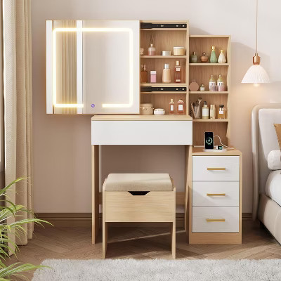 Vanity Desk with Mirror and Lights, Modern Makeup Vanity Table, Vanity Table and Chair Set with 4 Drawers and 7 Storage Shelves, Beige | Target