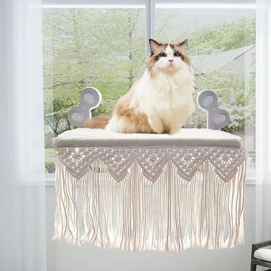Cordless Folding Cat Window Perch, Cat Window Perch Handmade Macrame Cat Hammock Boho Wall Mounte... | Amazon (US)