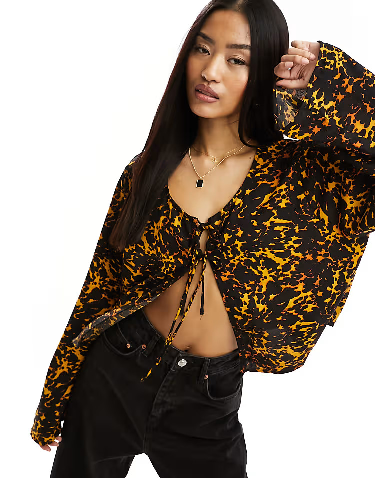 ASOS DESIGN Curve ruffle chiffon blouse with ties in red | ASOS (Global)