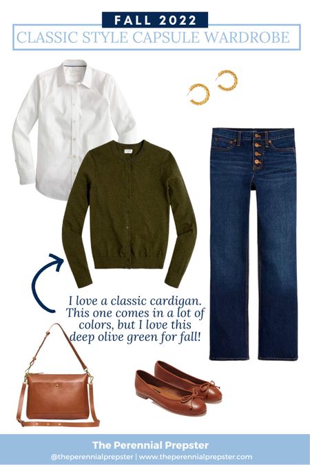 Easy and effortless fall classic style outfit / olive green cardigan / white button up / jeans / ballet flats / JCrew / preppy style / back to school style / fall capsule wardrobe / mom style 

#LTKstyletip #LTKSeasonal