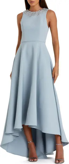 Crepe Embellished Neck High Low Gown | Nordstrom