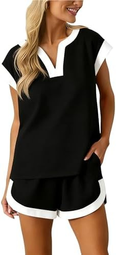 Gozoloma Women's V-Neck Color Block Short Set Short Sleeve T-Shirt and Shorts with Pockets Casual... | Amazon (US)