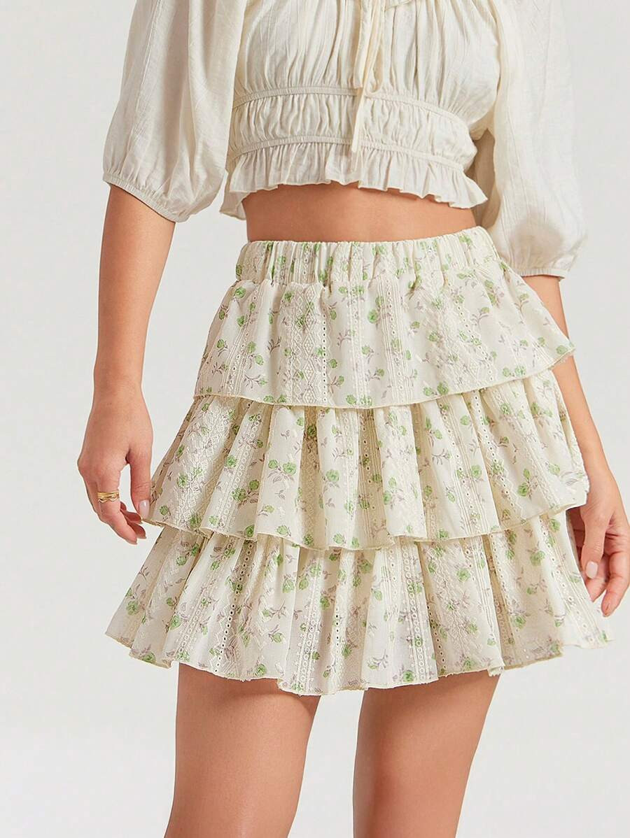 WESTFADE Spring Summer Vacation Floral Printed Eyelet Tiered Ruffle Mini Skirt Western Wear Women | SHEIN