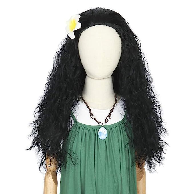 Cosela Long Black Curly Princess Wig for Kids Child Halloween Cosplay Wig with Flower Necklace | Amazon (US)