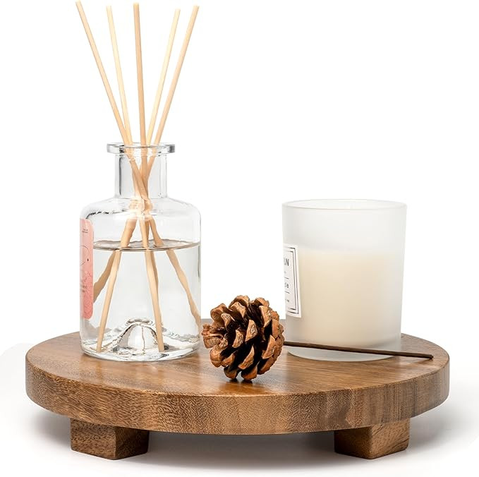 Round 9.4" Acacia Wood Decorative Tray – Farmhouse Wood Riser Pedestal Stand for Kitchen and Ba... | Amazon (US)