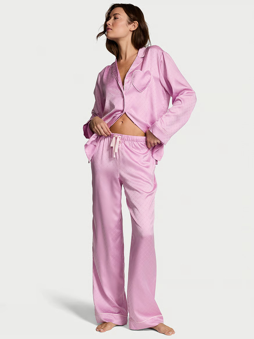 Buy Glazed Satin Heart Long Pajama Set, Bikini Pink Jacquard W Heart Pocket - Order Pajamas Sets ... | Victoria's Secret (US / CA )