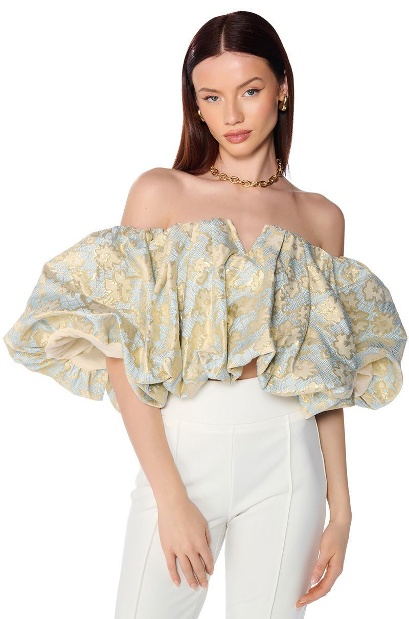 IRIS OFF THE SHOULDER BROCADE BLOUSE IN LIGHT BLUE | AKIRA