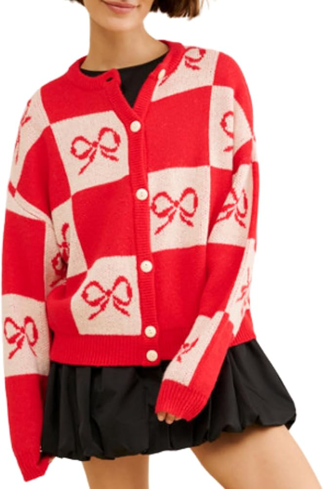Women’s Bow Plaid Cardigans Sweater Vintage Color Block Button Down Sweater Long Sleeves Knit O... | Amazon (US)