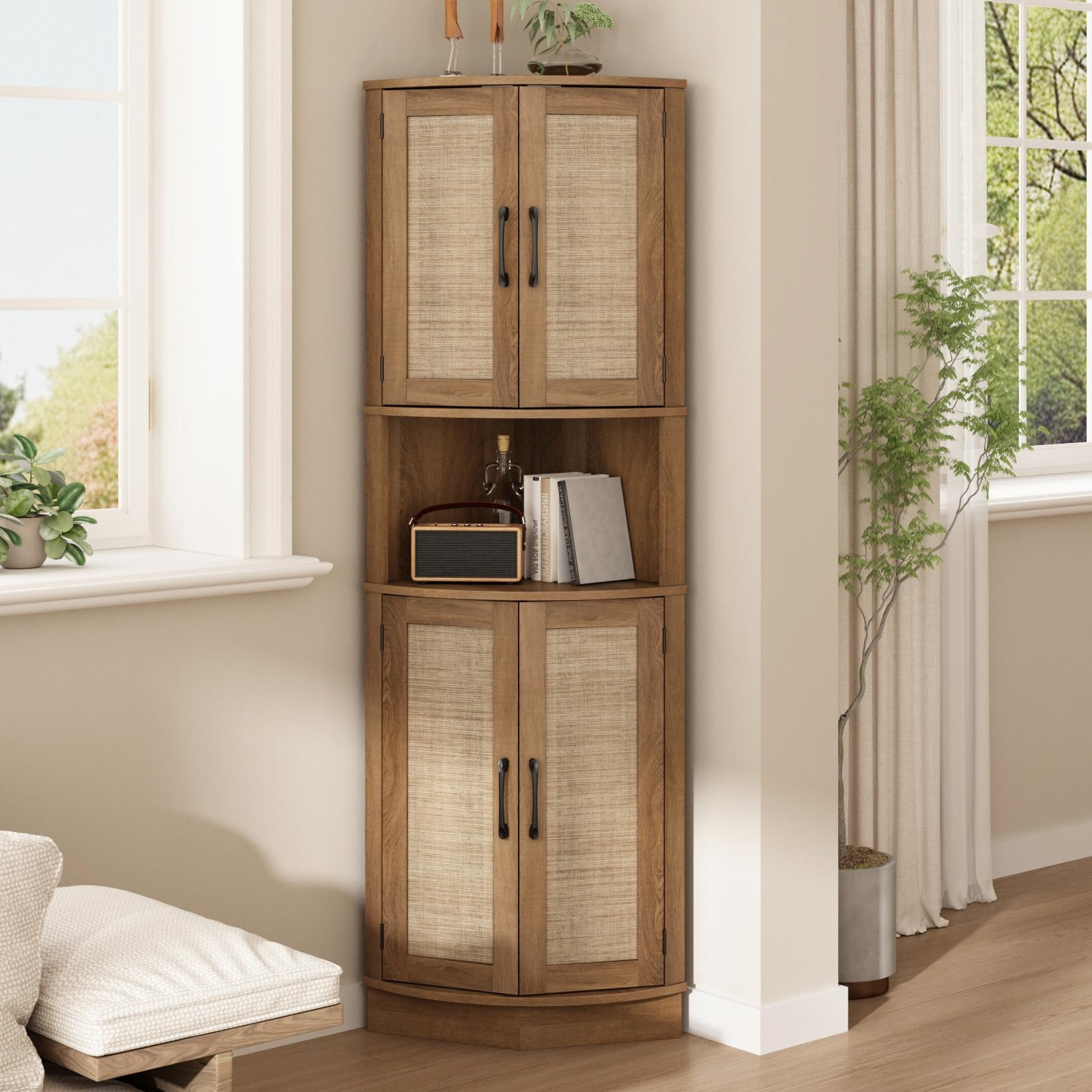 Tall Corner Cabinet, 64.7" Rattan Corner Storage Cabinet with 4 Doors and 5 Storage Shelves, Farm... | Amazon (US)