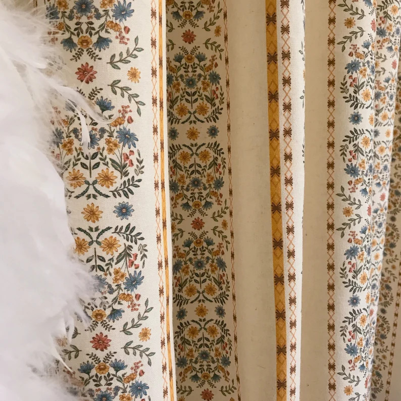 Modern Vintage Bouquet Vertical Line Pattern Linen Cotton Curtain Natural Beige Background Draper... | Etsy (US)
