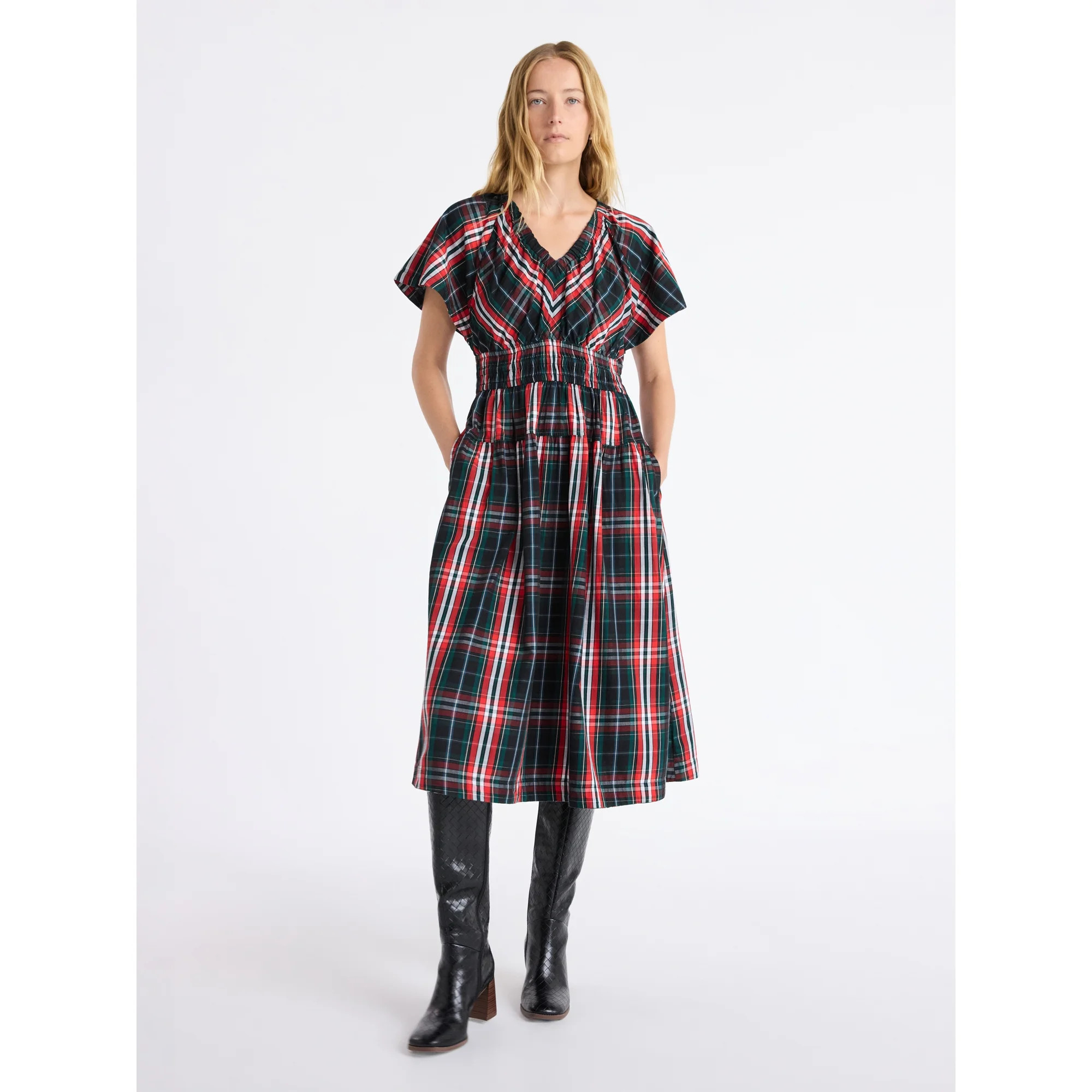 Free Assembly Women's and Women's Plus Cotton Smocked Waist Midi Dress with Flutter Sleeves, Size... | Walmart (US)