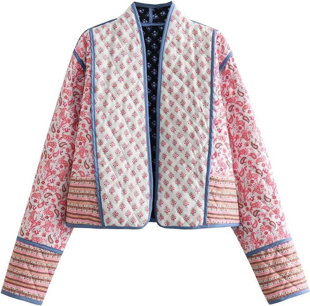 Wyeysyt Women's Cropped Puffer Quilted Jacket Cardigan Floral Printed Lightweight Long Sleeve Ope... | Amazon (US)