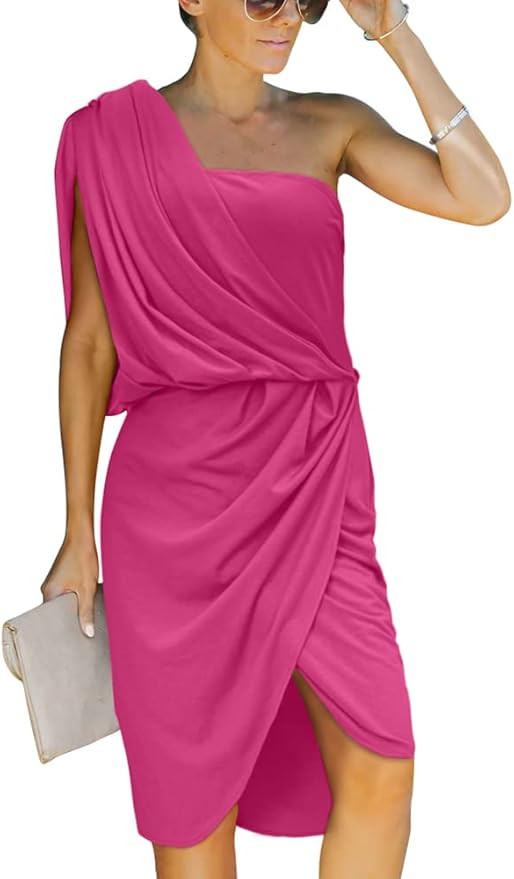 BEAGIMEG Women's Summer One Shoulder Loose Ruched Irregular Hem Midi Casual Dress | Amazon (US)