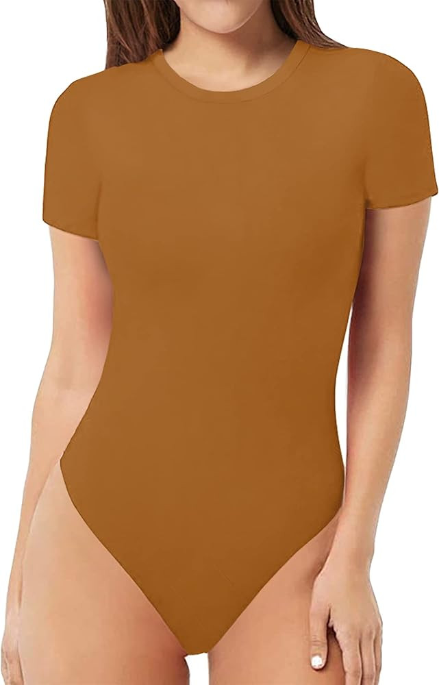 MANGOPOP Women's Round Neck Short Sleeve T Shirts Basic Bodysuits | Amazon (US)