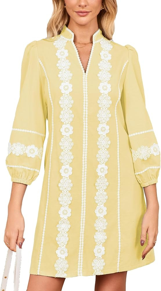 Women's Embroidered Lace Floral Tunic Dress 3/4 Puff Sleeve V Neck Mini Dress with Pockets | Amazon (US)