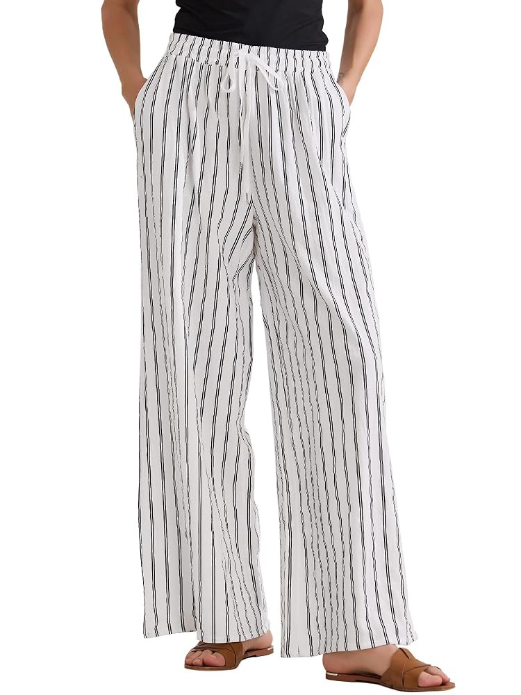 Allegra K Women's Casual Drawstring Stripe Pants Wide Leg High Waist Cotton Loose Pants | Amazon (US)