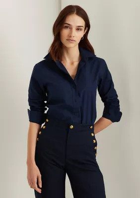 Lauren Ralph Lauren Women's Easy Care Stretch Cotton Shirt, Navy Blue, Large | Belk