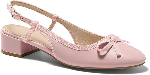 Coutgo Womens Chunky Low Heels Slingback Ballet Bow Pumps Closed Toe Wedding Dress Shoes | Amazon (US)