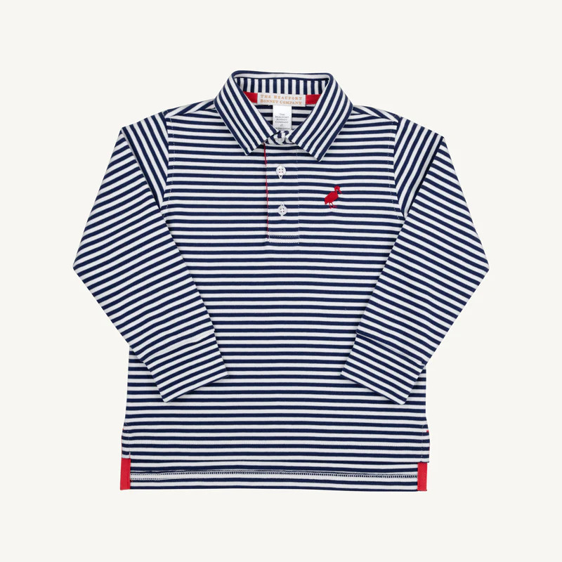 Long Sleeve Prim & Proper Polo & Onesie - Nantucket Navy Stripe with R | The Beaufort Bonnet Company