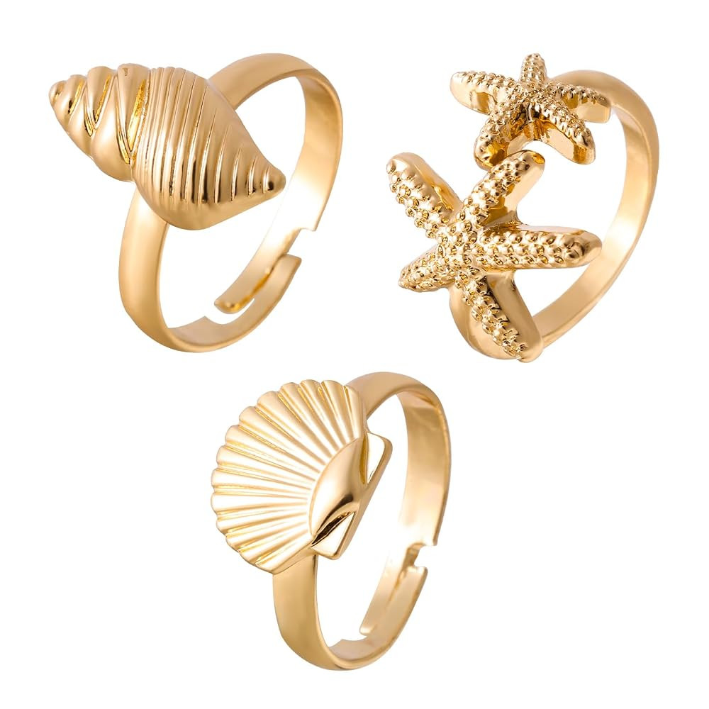 Mikovivi 3pcs Shell Starfish Conch Rings, Gold Dainty Open Rings Stylish Starfish Seashell Jewelr... | Amazon (UK)