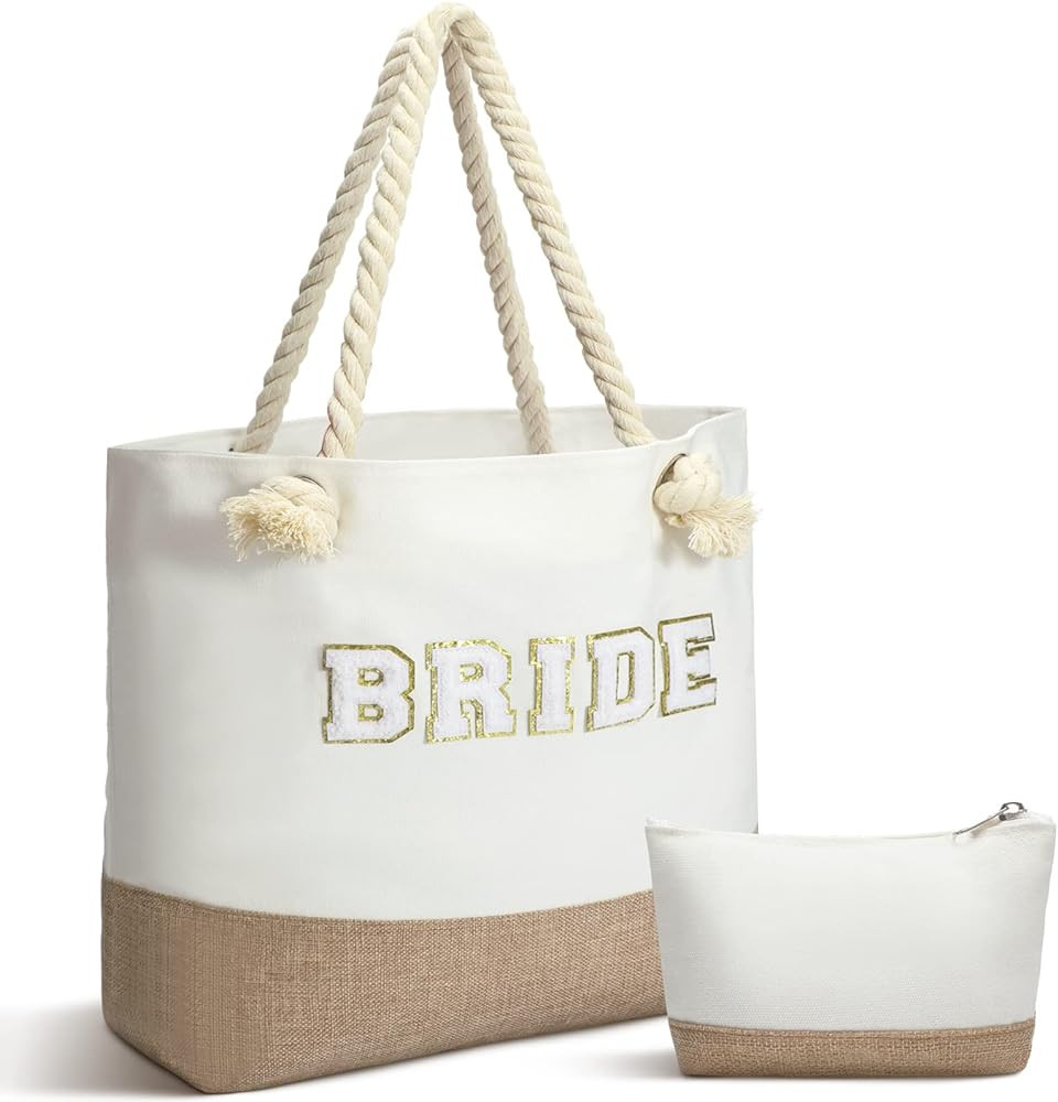 Sweetude Wedding Bride Bag Natural Jute Bride Tote Bag Bride Gift Bag with Handles Beach Bag with... | Amazon (US)