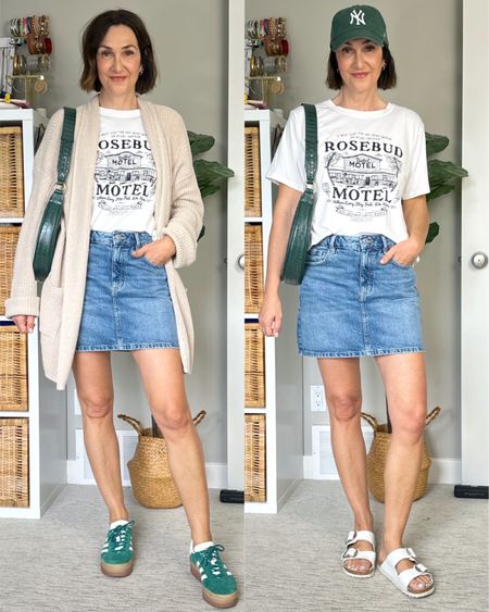 Morning to afternoon spring outfit!
My denim skirt is new and such a cute spring and summer item, great alternative to denim shorts! Fits tts (I’m 5’ 7 wearing S) and also comes in a lighter wash.
My Adidas Gazelle bold come in several colors, green is an older color but I found it in stock at one retailer. Fit small, go down 1/2 size in women’s sizing, 1.5 if it’s men’s sizing.
Birkenstocks are super comfortable and fit tts
My Schitts Creek tee and bag are from Amazon, my cardi is old but I linked similar 


#LTKShoeCrush #LTKStyleTip #LTKItBag