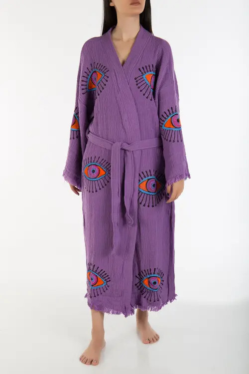 Forever & Always Shoes Aria Evil Eye Handmade Cotton Kimono in Purple at Nordstrom | Nordstrom